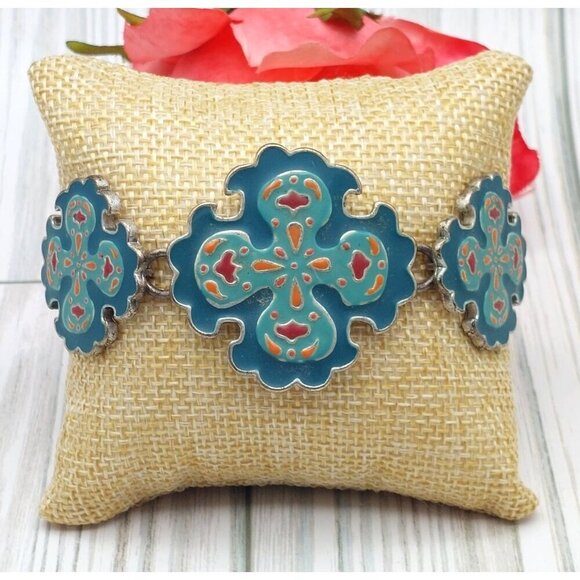 Lucky Brand Silver Tone Blue Enamel Maltese Cross Bracelet Toggle Bohemian 7.75 - Picture 1 of 7